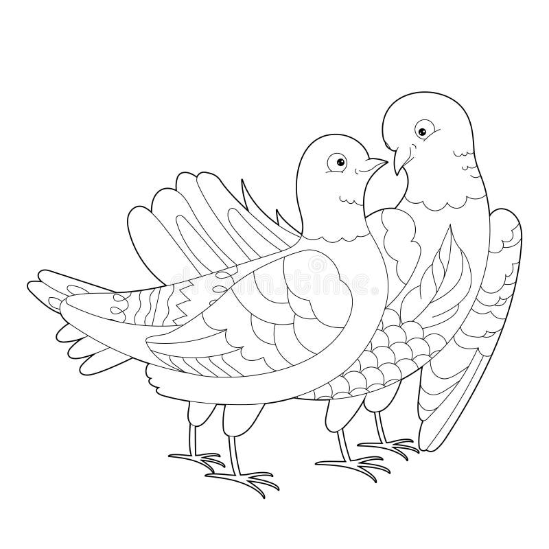 Two cute birds doodle style black and white background funny doves coloring book pages stock vector