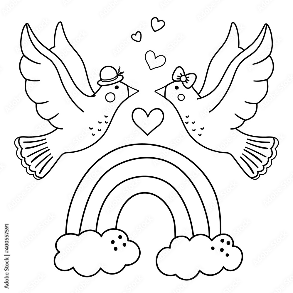 Vector saint valentine day black and white background with cute doves and rainbow funny scene with two enamored birds funny illustration or coloring page for kids with love or freedom concept