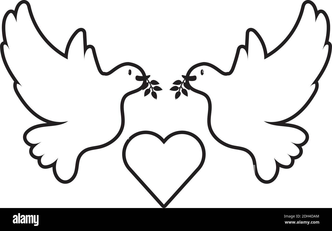 Doves birds flying with heart line style icon vector illustration design stock vector image art