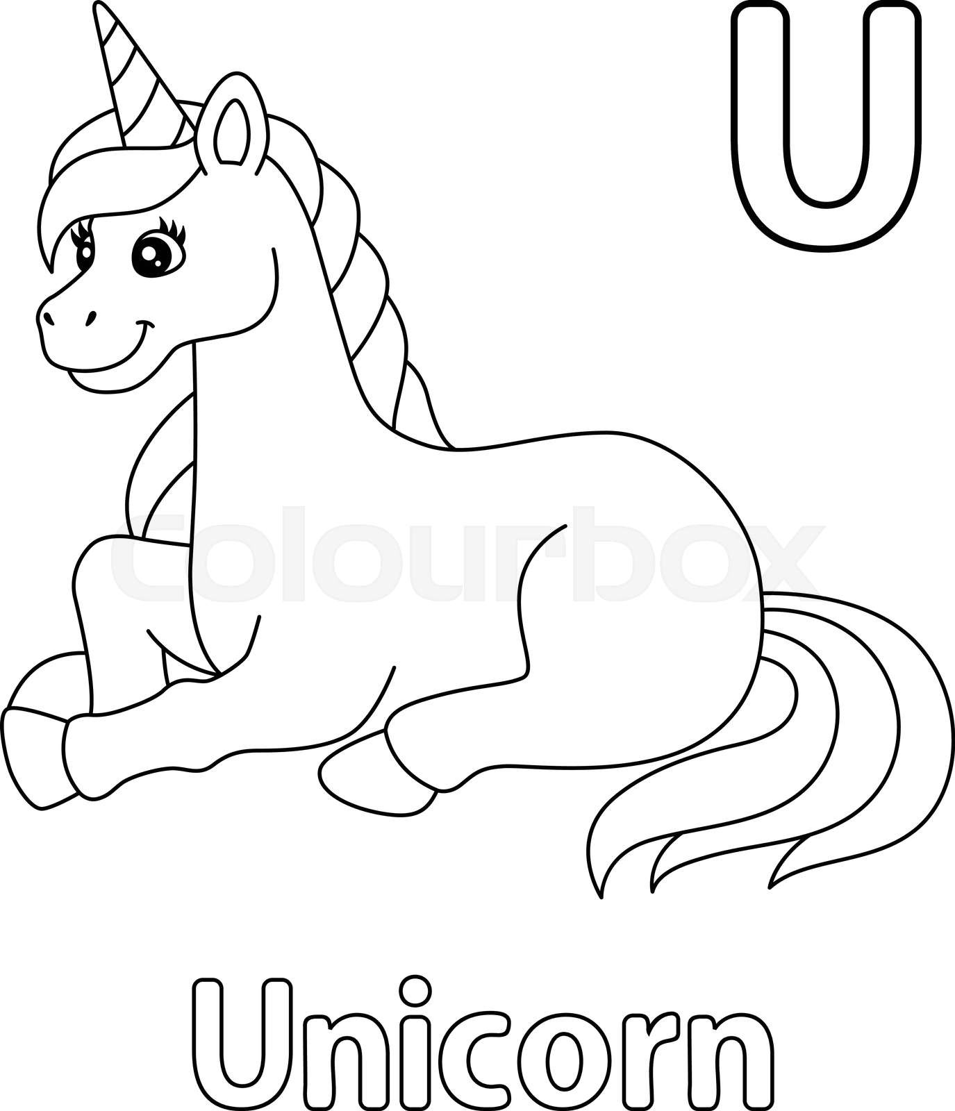 Laying unicorn alphabet abc coloring page u stock vector