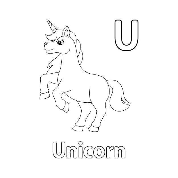 Premium vector jumping unicorn alphabet abc coloring page u