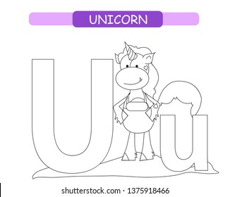 Letter u funny cartoon unicorn coloring stock vector royalty free