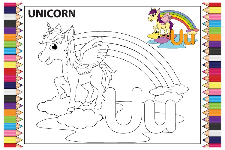 Coloring the letter u for children with cute unicorn