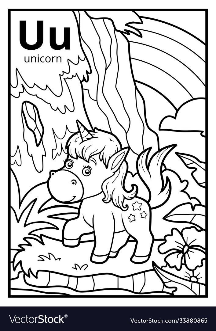 Coloring book colorless alphabet letter u unicorn vector image