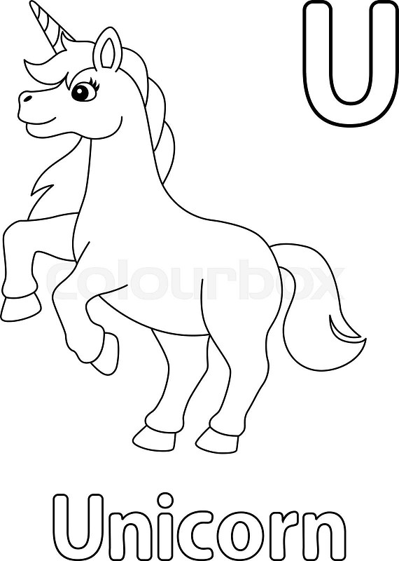 Jumping unicorn alphabet abc coloring page u stock vector