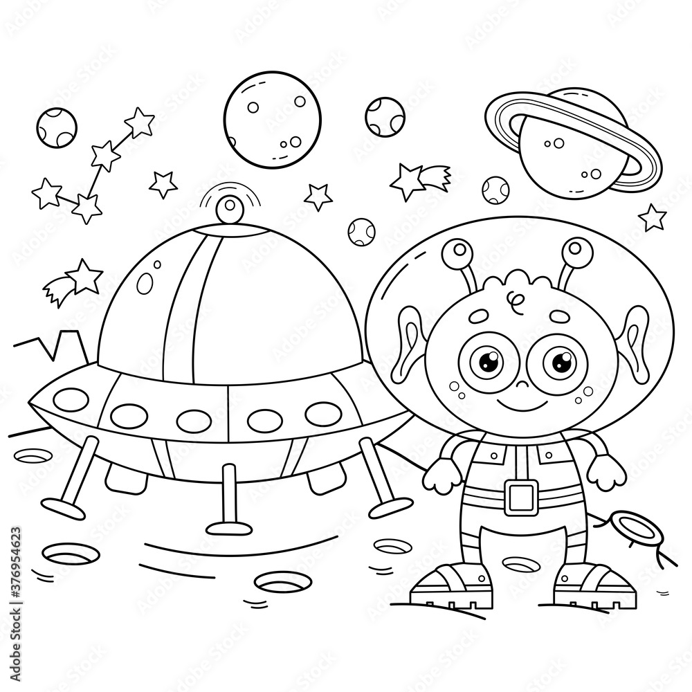 Coloring page outline of a cartoon alien with a flying saucer on a planet in space coloring book for kids vector