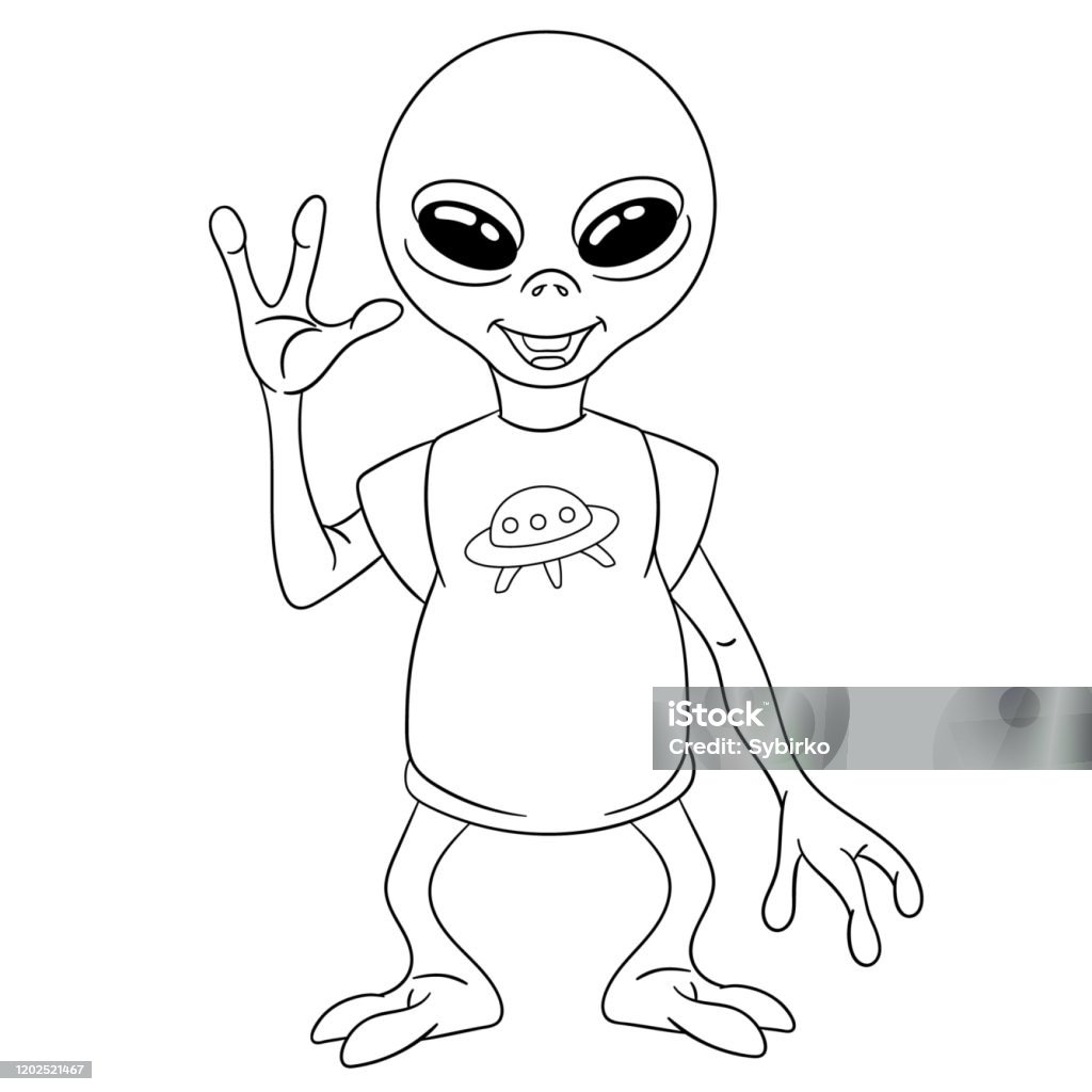 Coloring page of cartoon ufo alien stock illustration