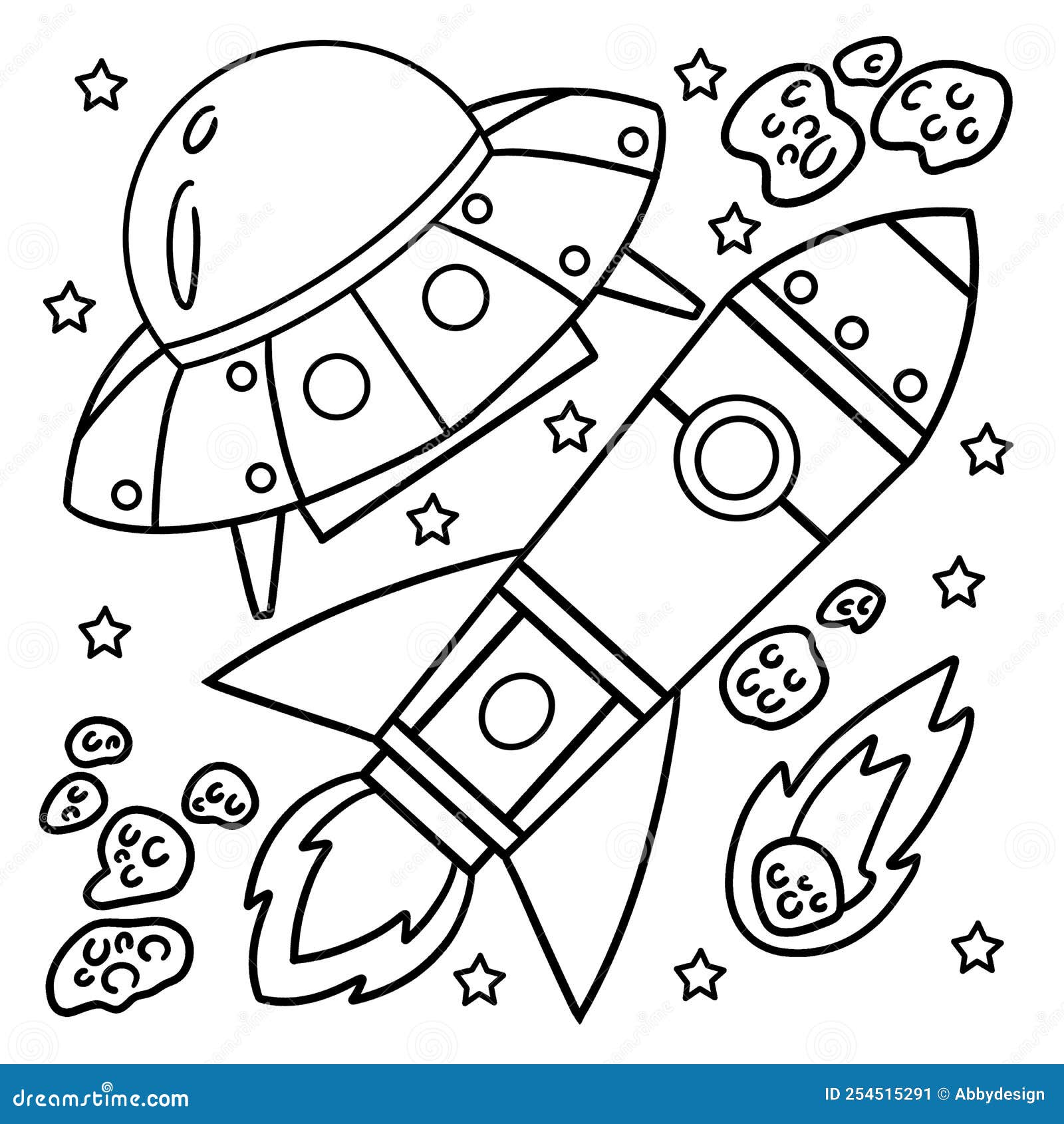 Ufo and rocket ship in space coloring page stock vector