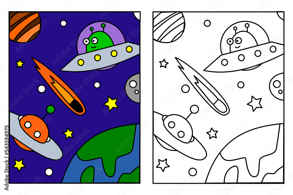 Cute ufo and spaceship flying in space coloring page for kids drawing education simple cartoon illustration in fantasy theme for coloring book vector