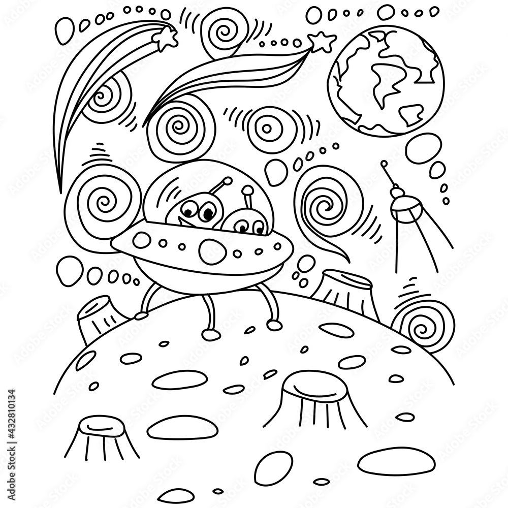 Ufo coloring page with spaceship asteroid and open space fantasy outline illustration with aliens vector