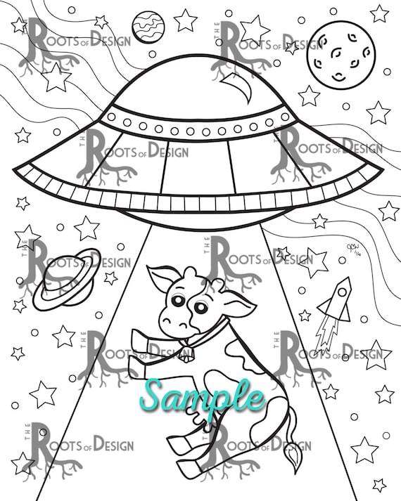 Instant download coloring page ufo beaming up a cow doodle art printable