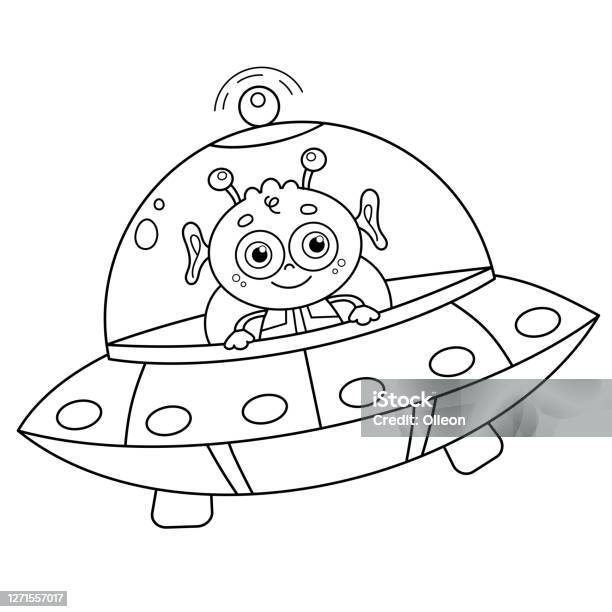 Coloring page outline of a cartoon flying saucer with alien space coloring book for kids stock illustration
