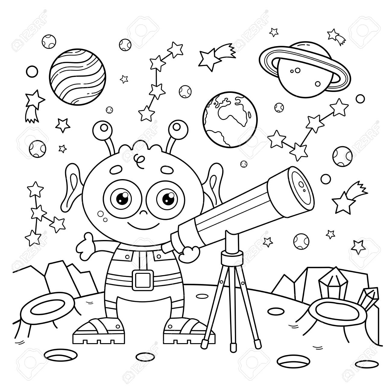 Coloring page outline of a cartoon little alien with telescope space and astronomy coloring book for kids royalty free svg cliparts vectors and stock illustration image