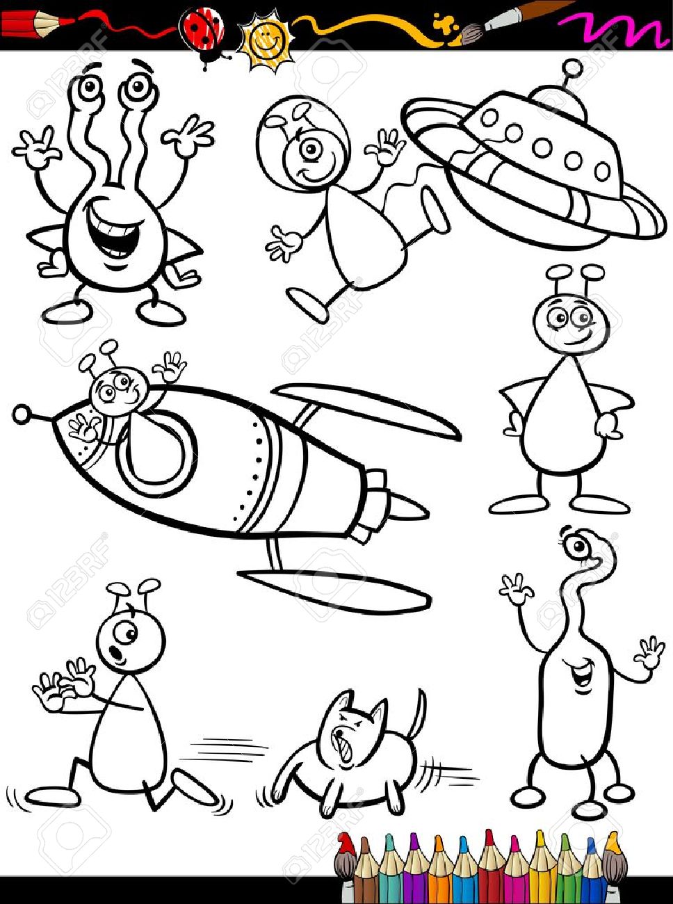 Coloring book or page cartoon illustration set of black and white fantasy aliens or martians ufo ic mascot characters for children royalty free svg cliparts vectors and stock illustration image