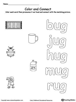 Free ug word family color and match word family worksheets word families kindergarten word families