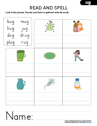 Ug word family worksheets printables