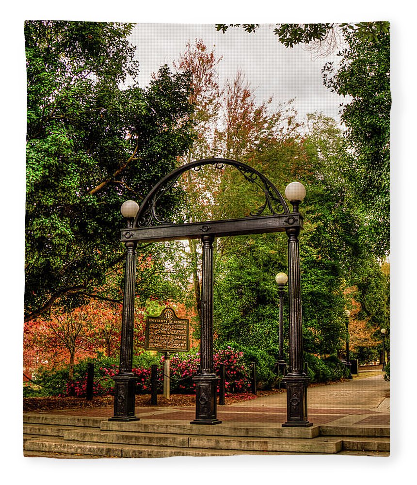 The uga arch the university of georgia athens georgia fall art fleece blanket by reid callaway