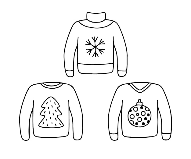 Premium vector ugly christmas sweaters with winter holidays decoration line doodle set knitted pullover jumper