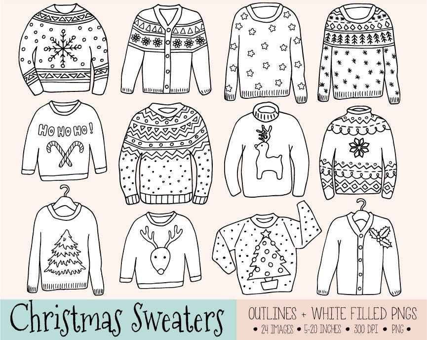 Ugly christmas sweater clipart hand drawn tacky christmas jumper reindeer snowflake star doodle clip art winter clothing coloring book