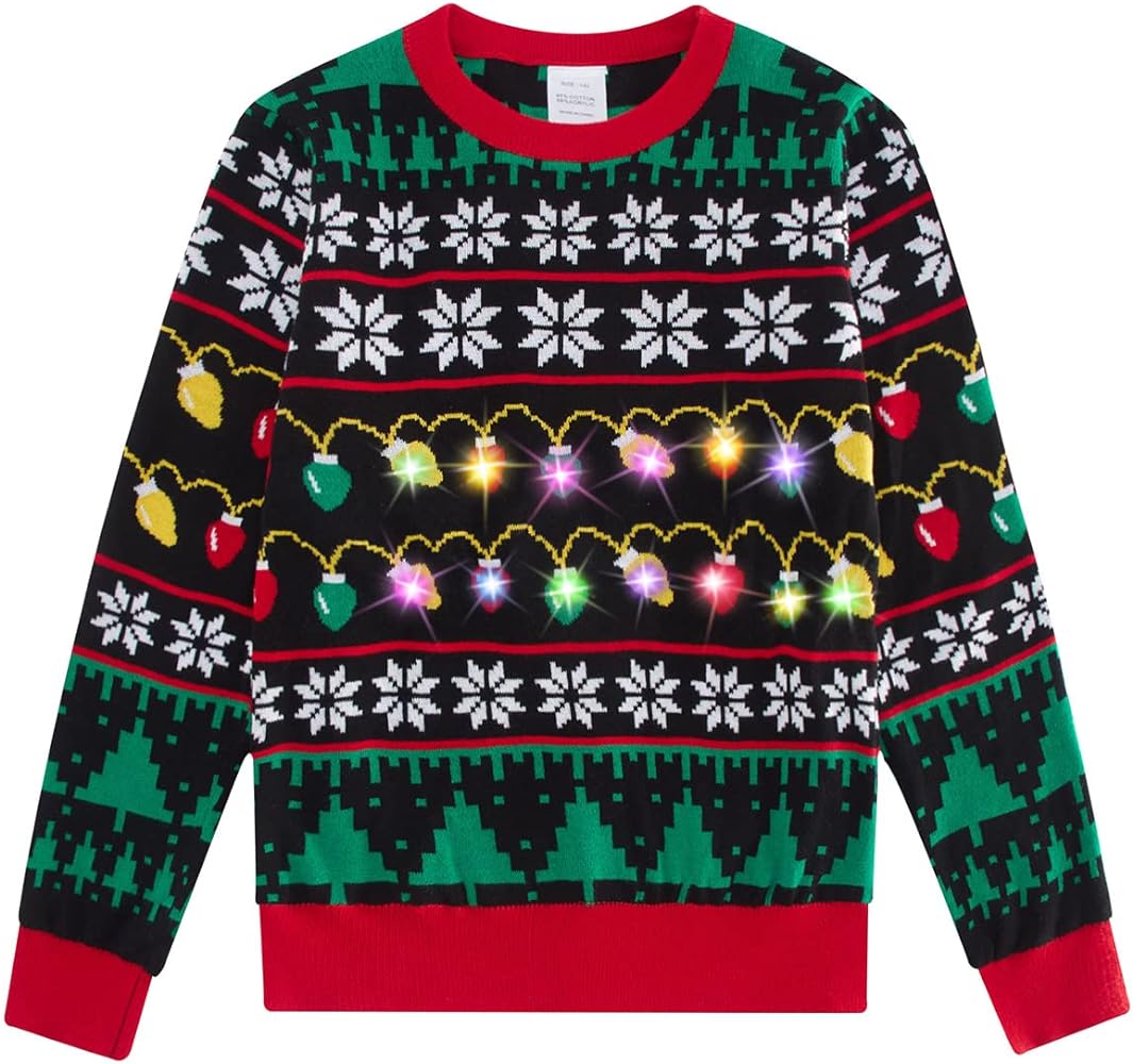 Uniidea boys girls light up ugly christmas sweater black knitted pullover funny led string lights xmas sweaters jumper for holiday party size clothing shoes jewelry