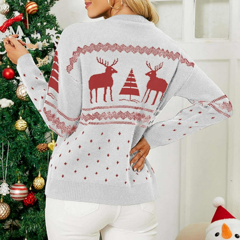Ugly christmas sweaters for women womens knit sweater xmas cute reindeer snowflake pattern long sleeve crewneck red solid color lightweight casual loose christmas gifts for women saving clearance