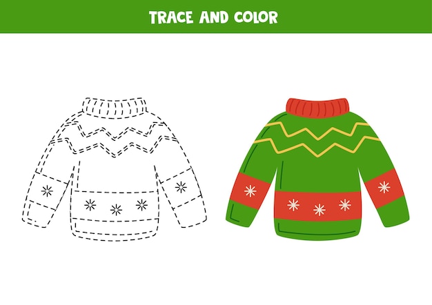 Premium vector trace and color cute christmas sweater worksheet for children