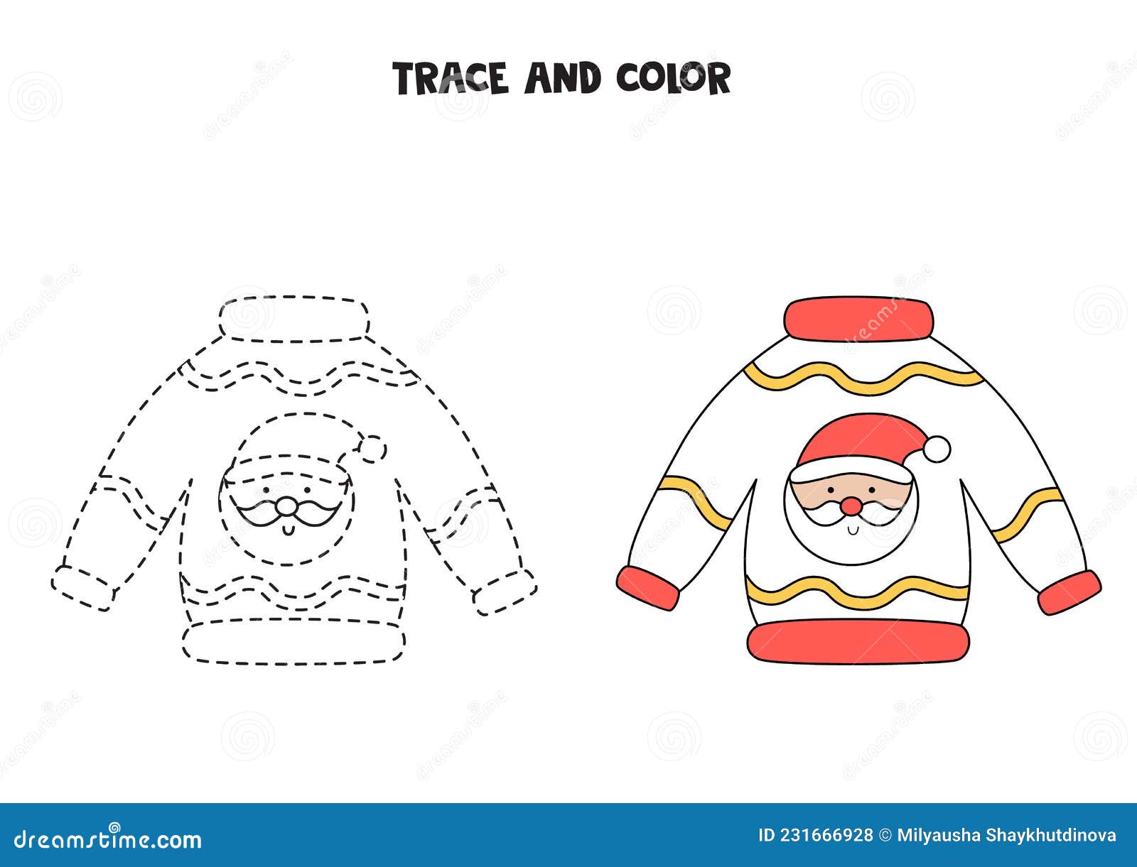 Trace and color cartoon christmas sweater worksheet for kids stock vector