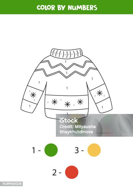 Color ugly christmas sweater by numbers worksheet for kids stock illustration