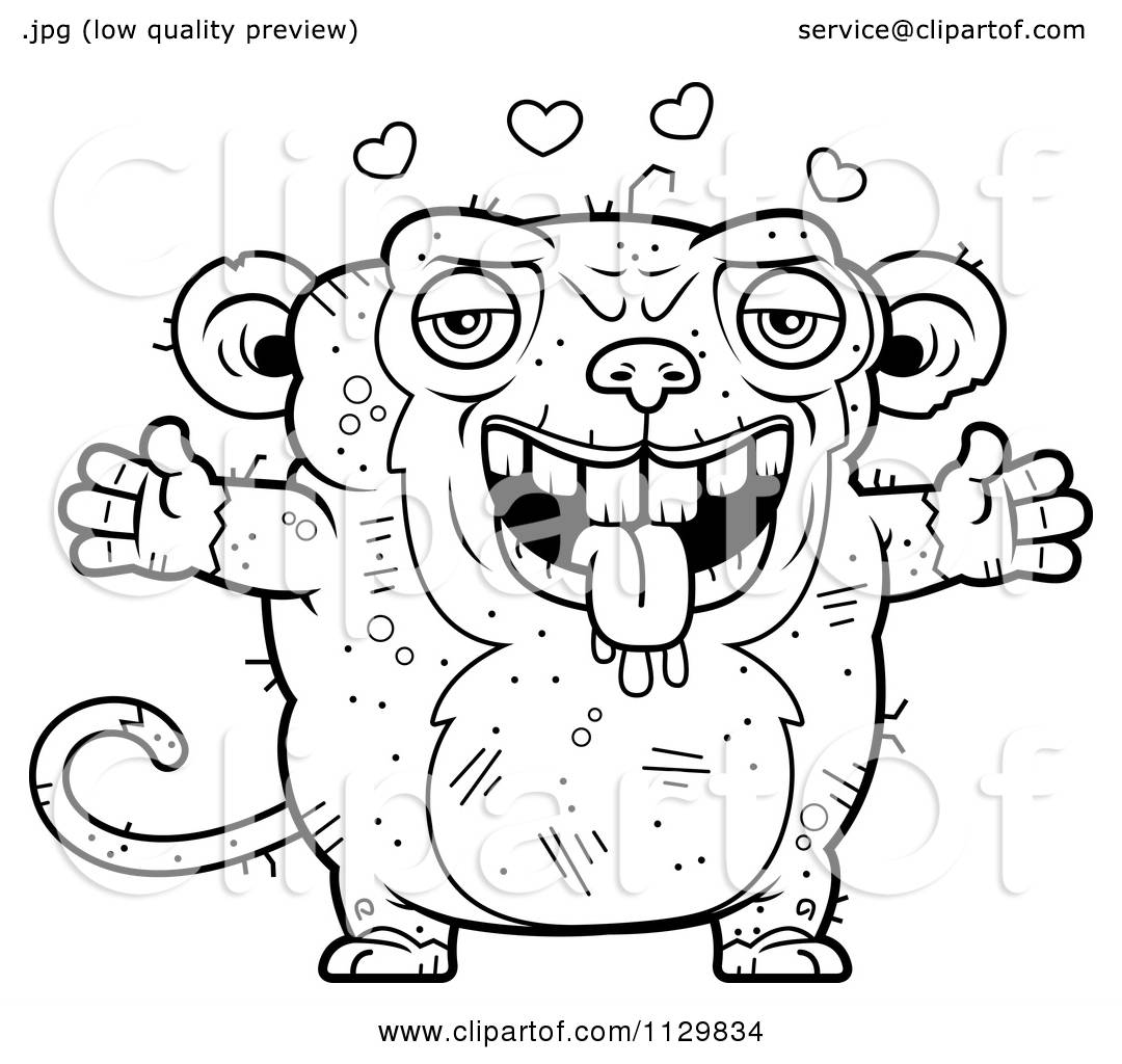 Cartoon clipart of an outlined loving ugly monkey