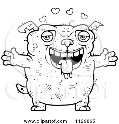 Cartoon clipart of an outlined loving ugly dog