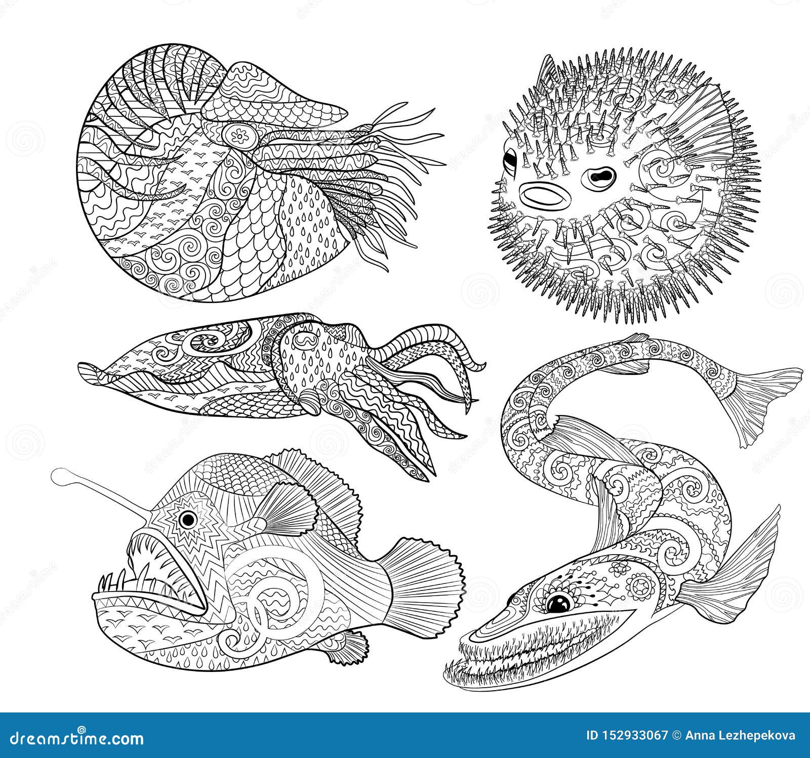 Coloring page with creepy fish with high details stock vector