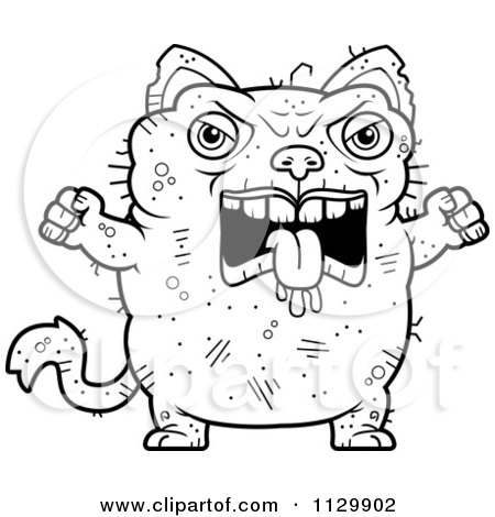 Cartoon clipart of an outlined angry ugly cat
