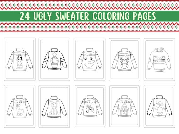 Ugly sweater christmas colouring sheets cute coloring pages for girls boys and adults printable color pages instant download download now