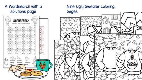 Ugly christmas sweater design writing maths word search colouring activities
