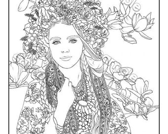 Beautiful ukrainian woman with magnolia blossoms fantasy portrait coloring page by maria j william instant pdf download