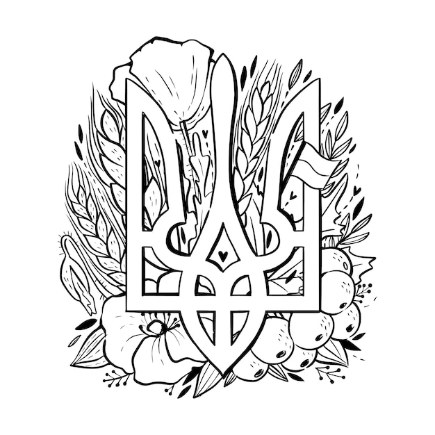 Premium vector the national emblem of ukraine state coat of arms of ukraine with viburnum wheat ears flag birds poppies coloring page for children and adults