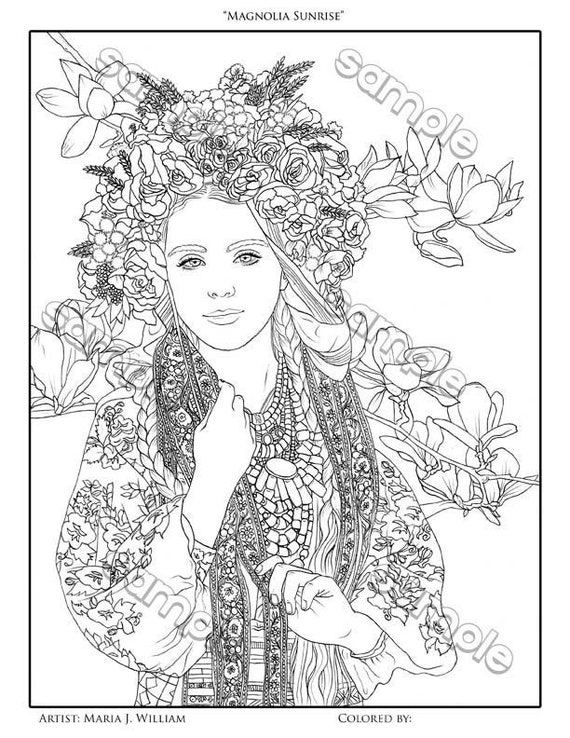 Beautiful ukrainian woman with magnolia blossoms fantasy portrait coloring page by maria j william instant pdf download