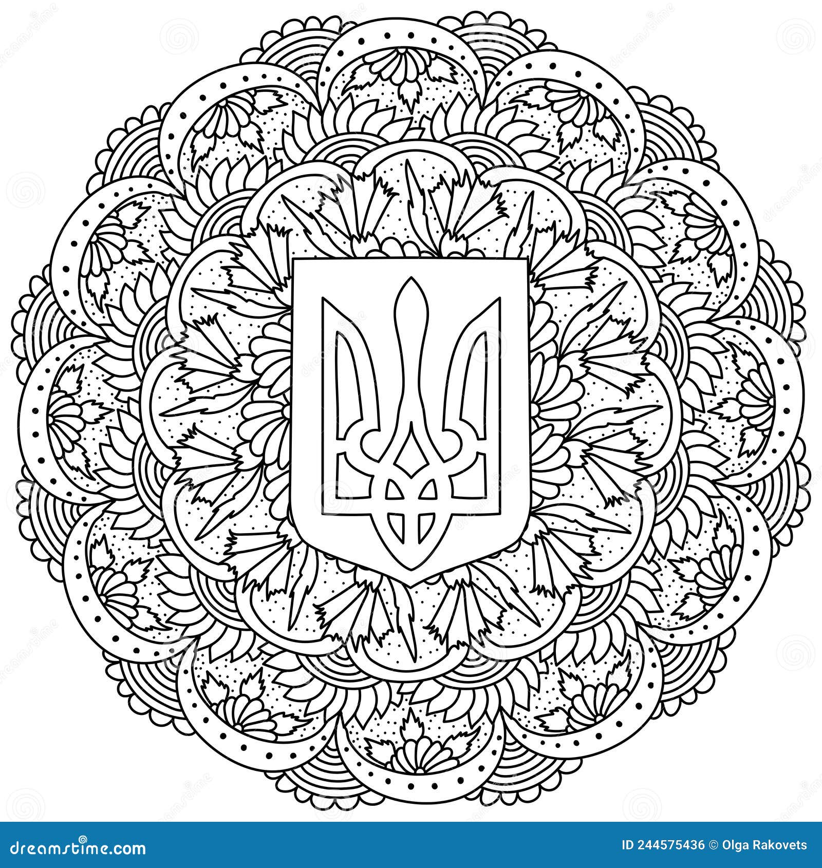 Coat of arms of ukraine and flowers folk symbols in mandala meditative coloring page with different symbols and patterns stock vector