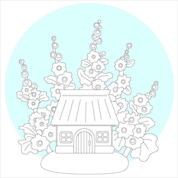Premium vector traditional ukrainian house in the garden of mallow flowers coloring page vector illustration