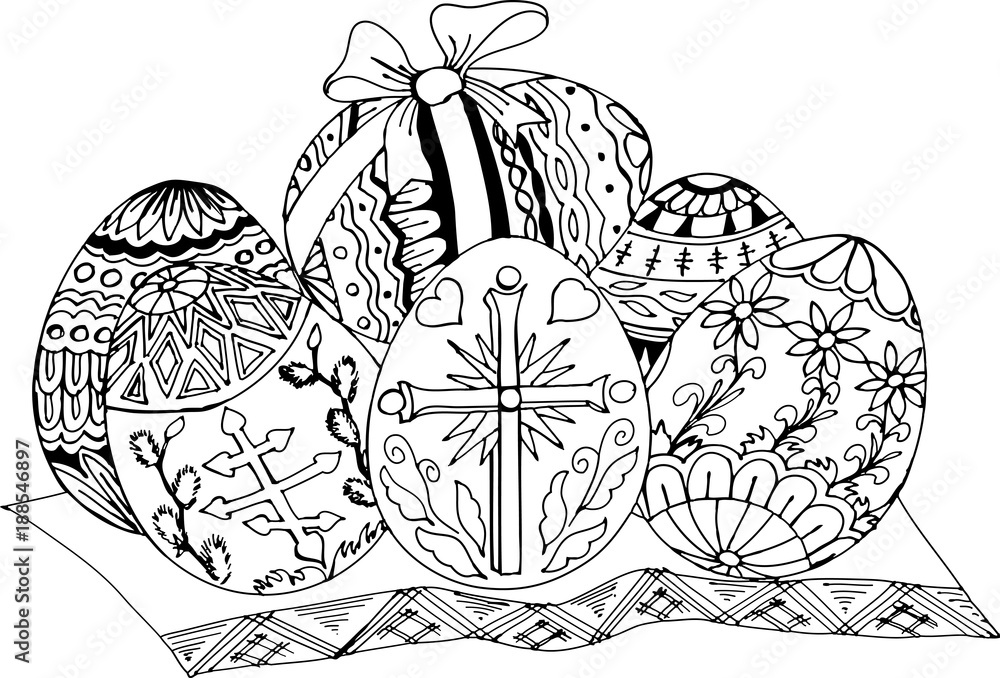 Painted easter eggs freehand sketch drawing for adult antistress coloring book vector