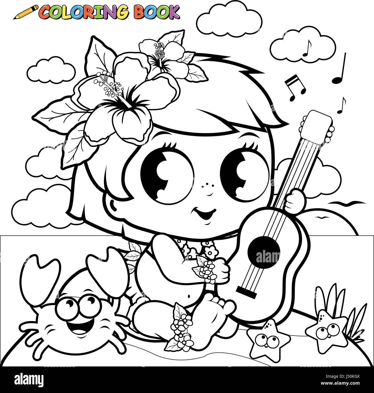 Hawaiian baby girl on an island playing the ukulele coloring book page stock vector image art