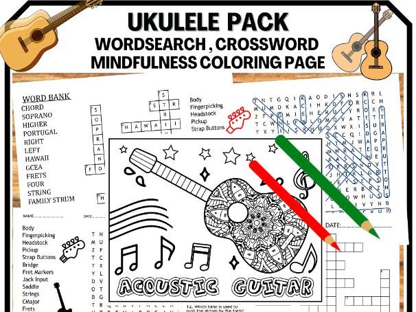 Parts of the ukulele word search crossword and coloring page teaching resources