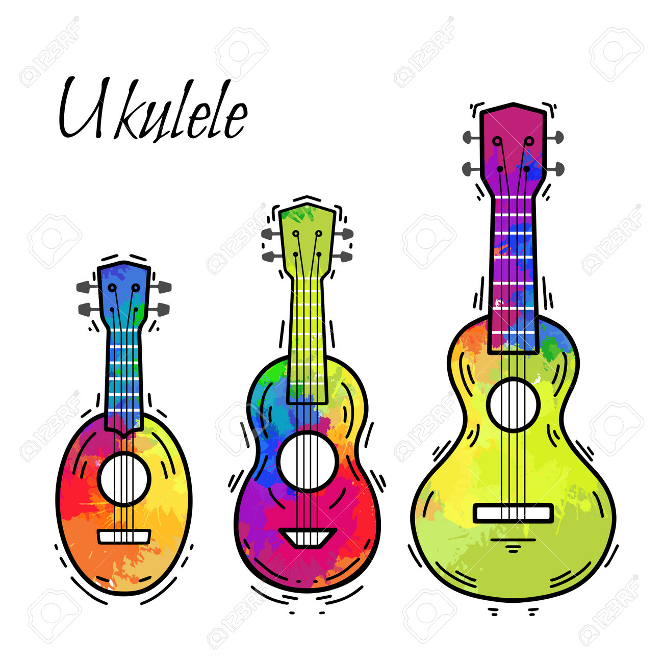 Set of contour ukulele with raindow watercolor splashes hawaiian music musical string instrument vector outline element for postcards banners coloring pages and your creativity royalty free svg cliparts vectors and stock illustration