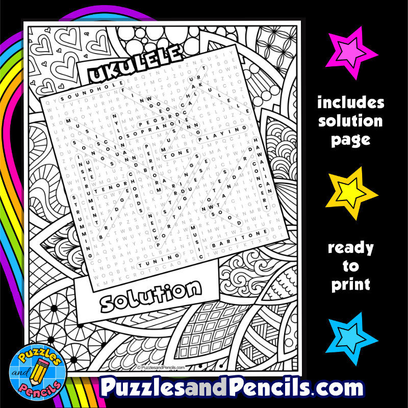 Ukulele word search puzzle activity page with coloring music wordsearch made by teachers