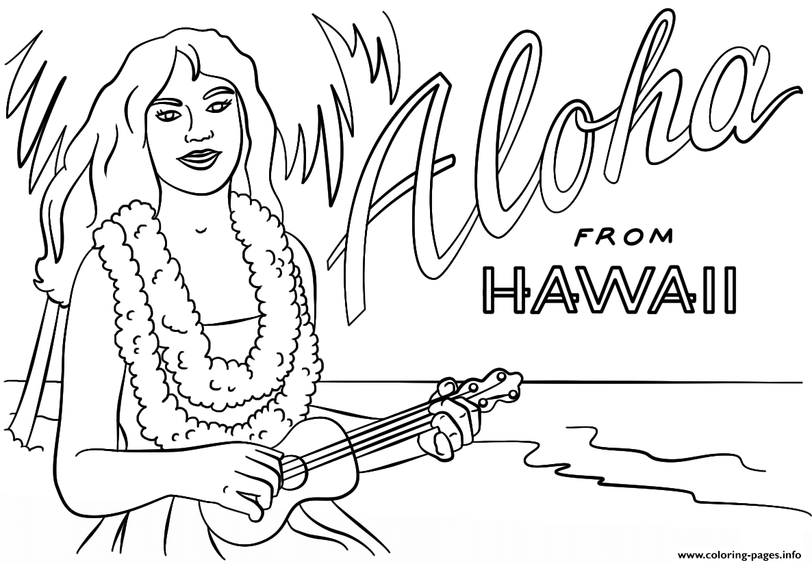 Hawaiian girl with ukulele coloring page printable