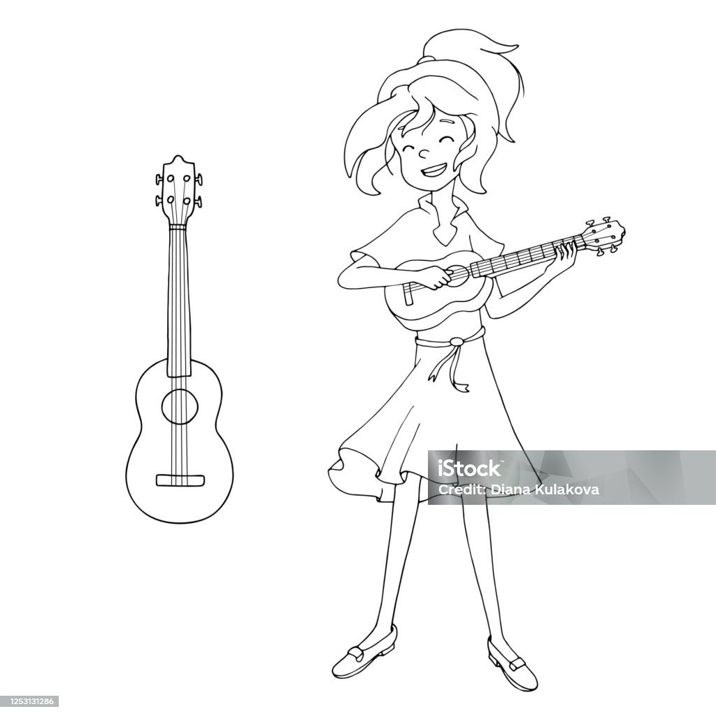 Cute cartoon girl playing the ukulele coloring book stock illustration