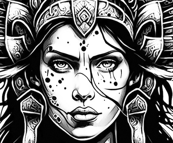 Female aztec queen coloring page adult coloring sheet of the face of a mexica goddess chicano cultural icon instant digital download