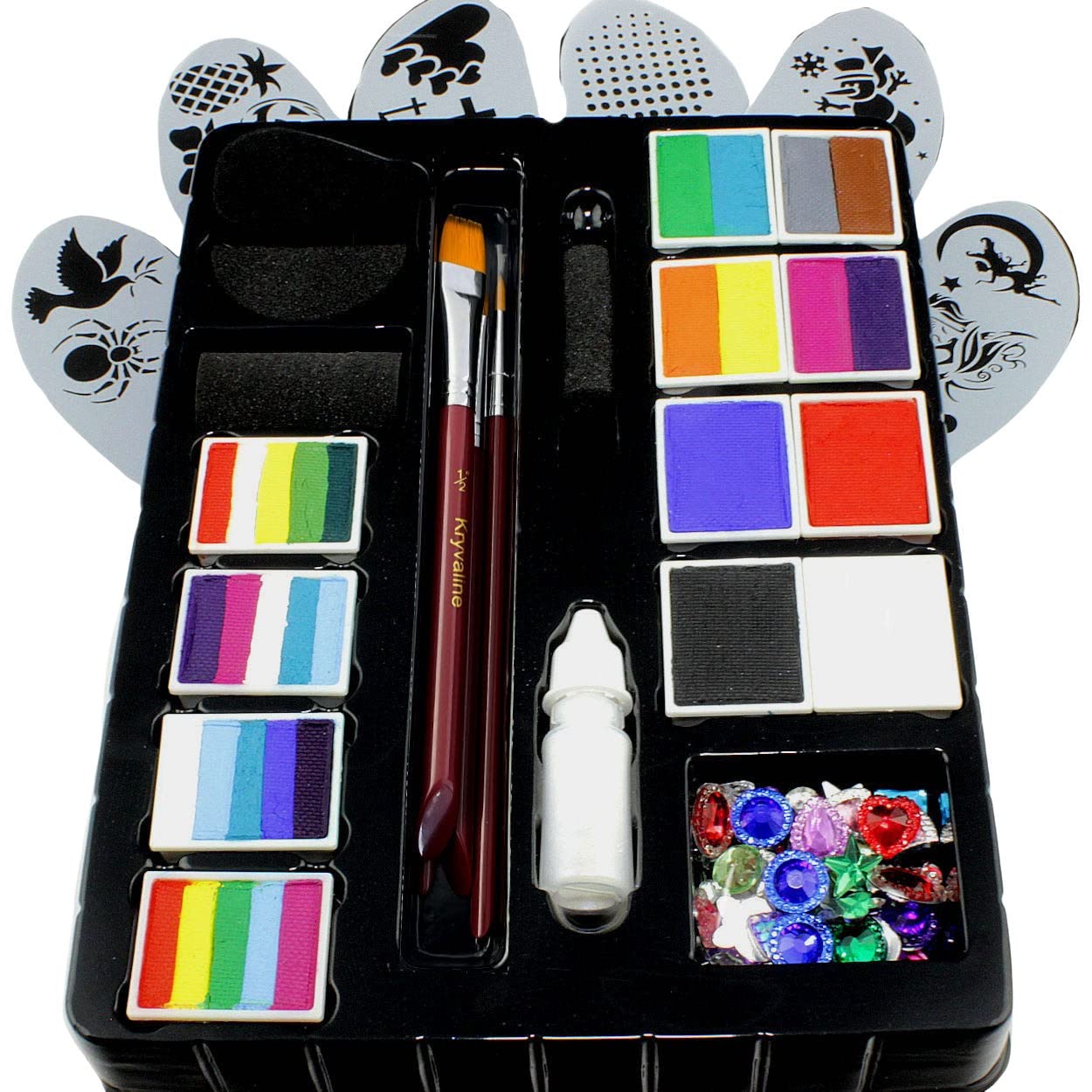 Face painting kit kryvaline professionals with stencils brushes and fine glitters in spill proof bottle plus skin jewels