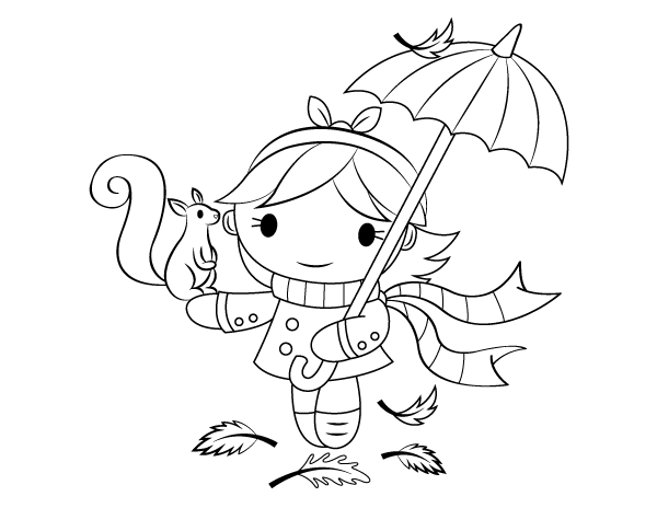 Printable girl with umbrella and squirrel coloring page