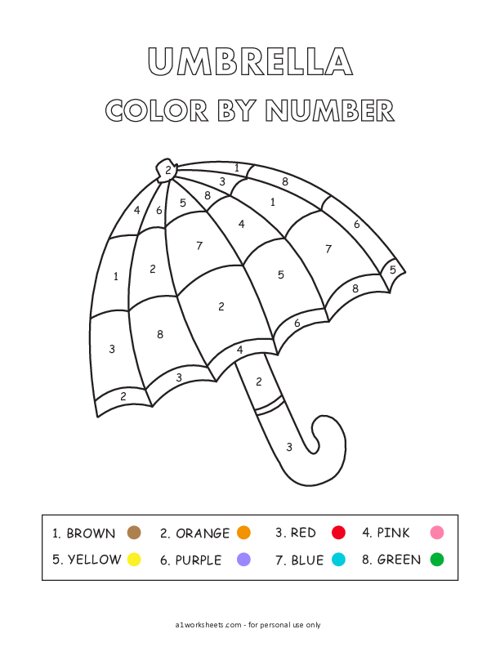 Color by number umbrella worksheet